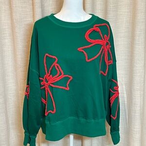 Altar’d State Green Sweatshirt with Red Rope Bow Appliqués